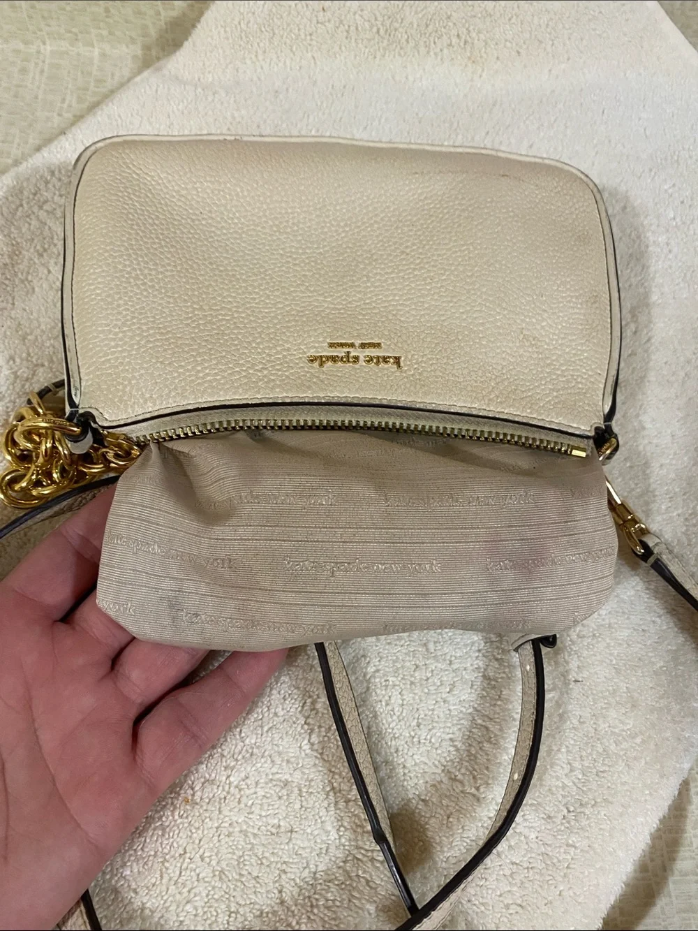 kate spade Cream Pebbled Leather Crossbody with Gold Chain Accent